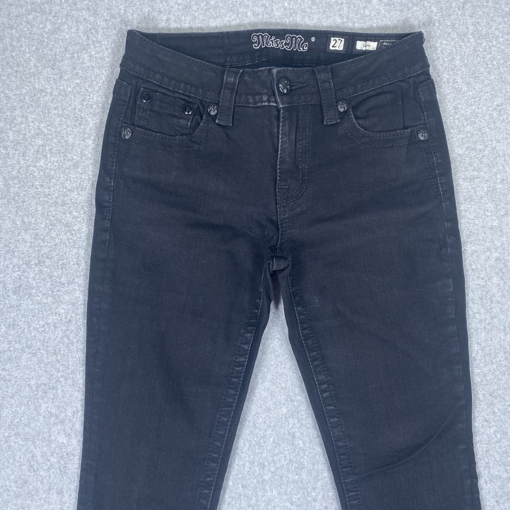 Miss Me Skinny Jeans Womens 27 Black Cowhide Lace Rhinestone Embellished - Picture 5 of 16